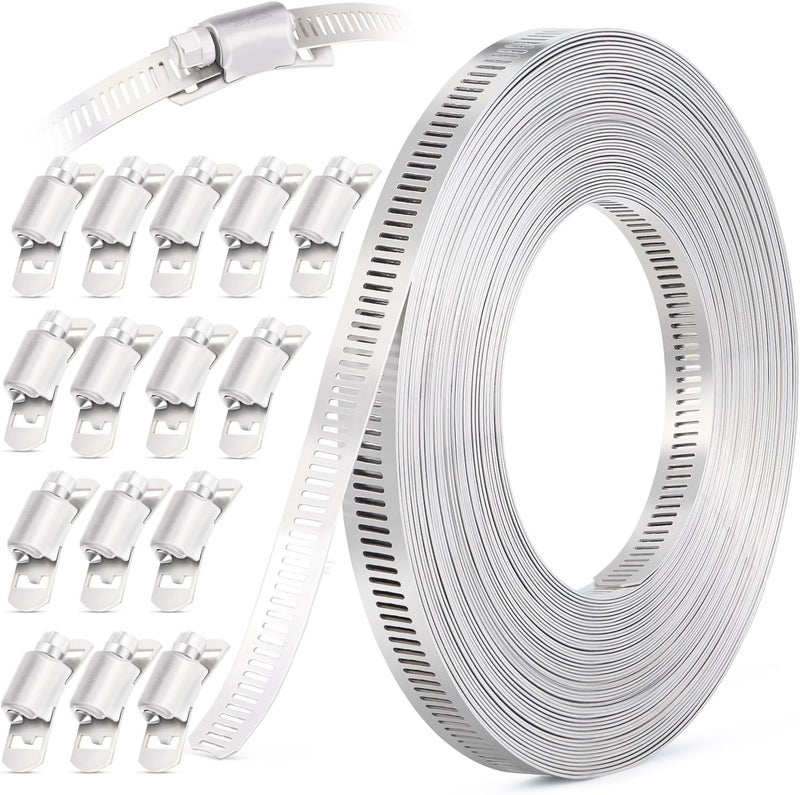 ORU 30FT Hose Clamps,304 Stainless Steel Hose Clamp Assortment Kit DIY Metal Strapping with Holes+15 Fasteners,Adjustable Worm Gear Large Hose Clamps Metal Band Screw Clamp Straps for Pipe,Duct,Tube - Image 1